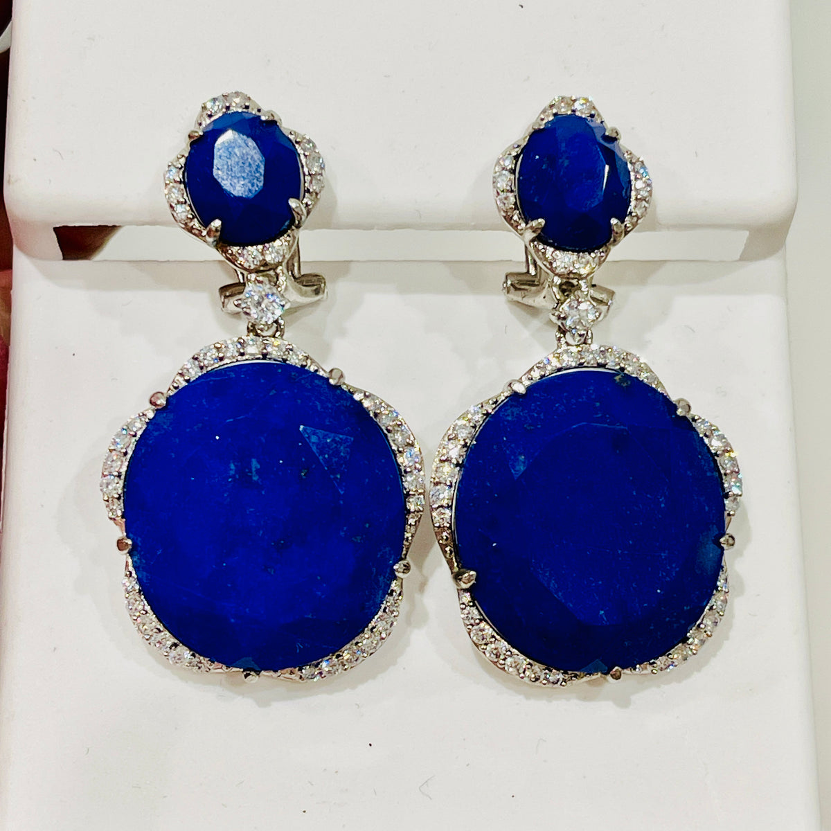 Sterling Silver Lapis Dangle Earrings, Cubic Zirconia Halo
