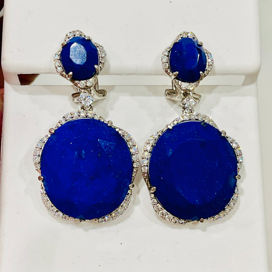 Sterling Silver Lapis Dangle Earrings, Cubic Zirconia Halo
