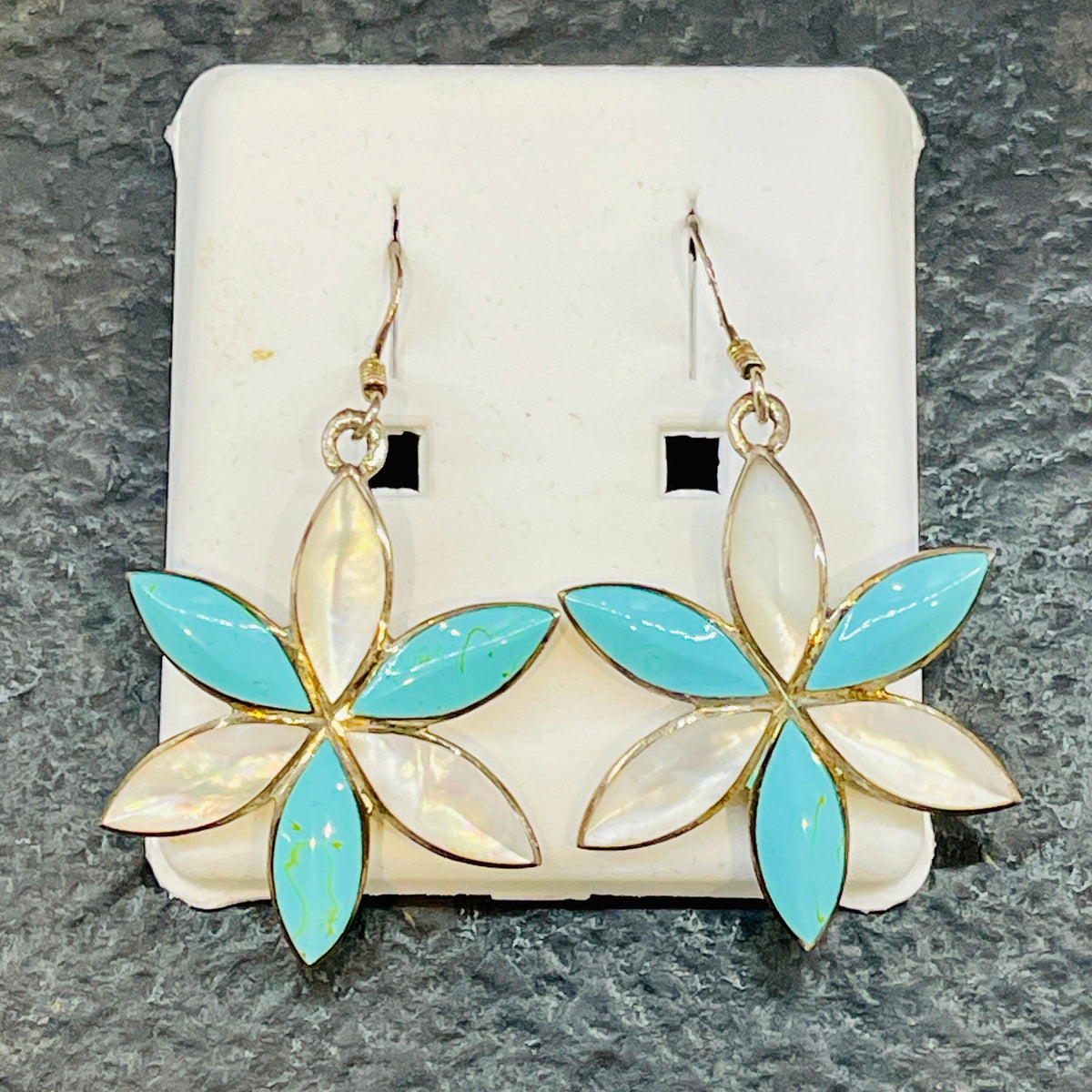 Sterling Silver Mother of Pearl and Blue Turquoise Star Dangle and Drop Earrings