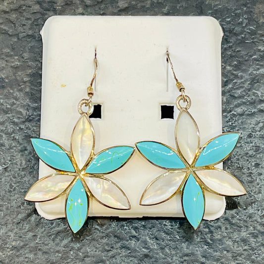 Sterling Silver Mother of Pearl and Blue Turquoise Star Dangle and Drop Earrings