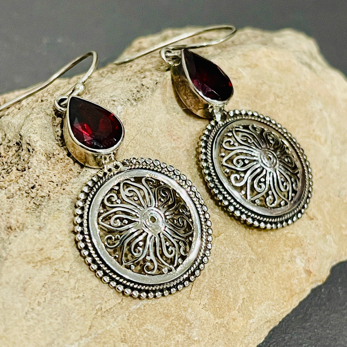 Sterling Silver Dangle Garnet Earrings