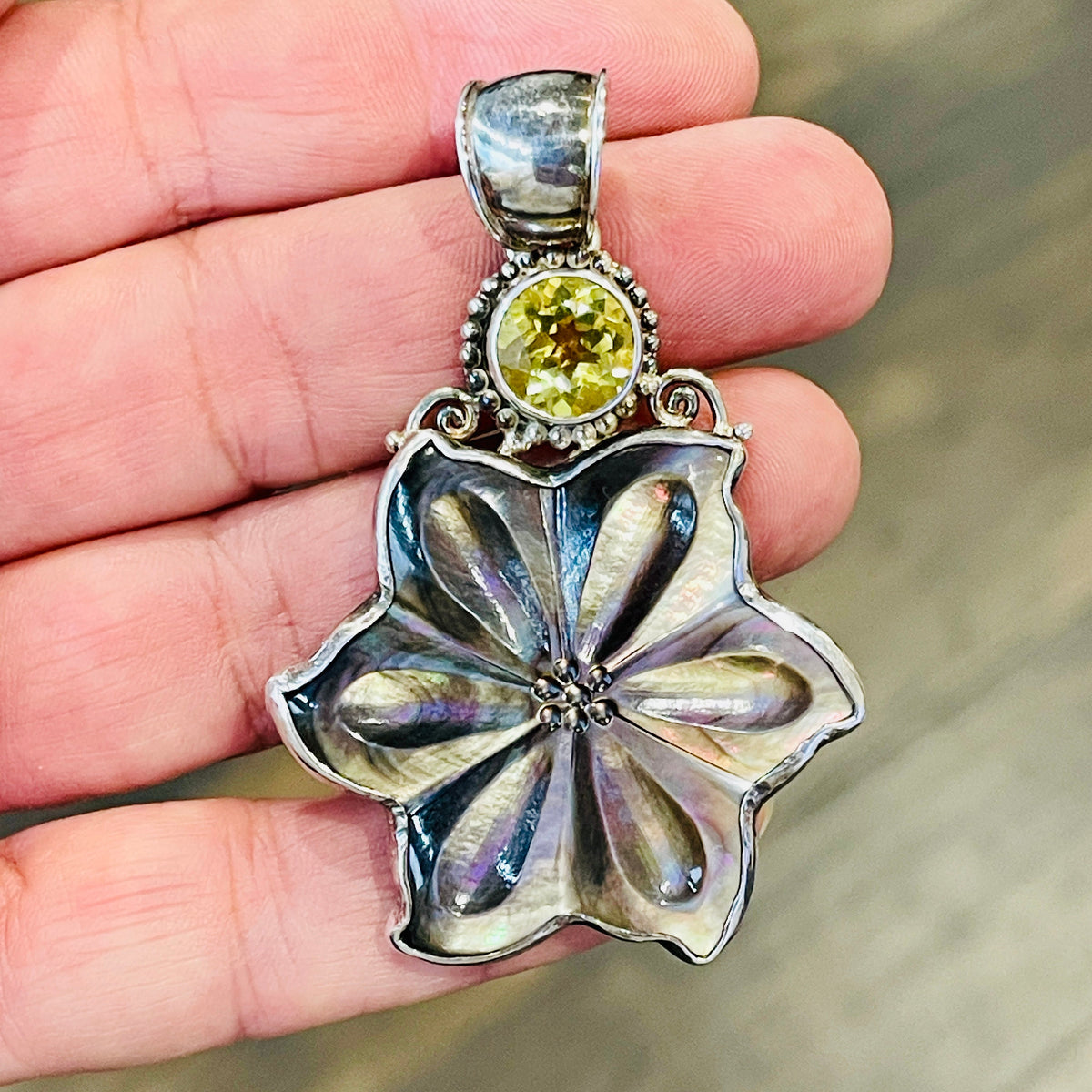 Sterling Silver Mother of Pearl Flower and Yellow Topaz Pendant