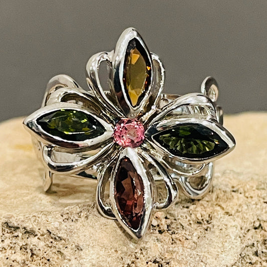 Sterling Silver Genuine Tourmaline Flower Ring Size 6.75