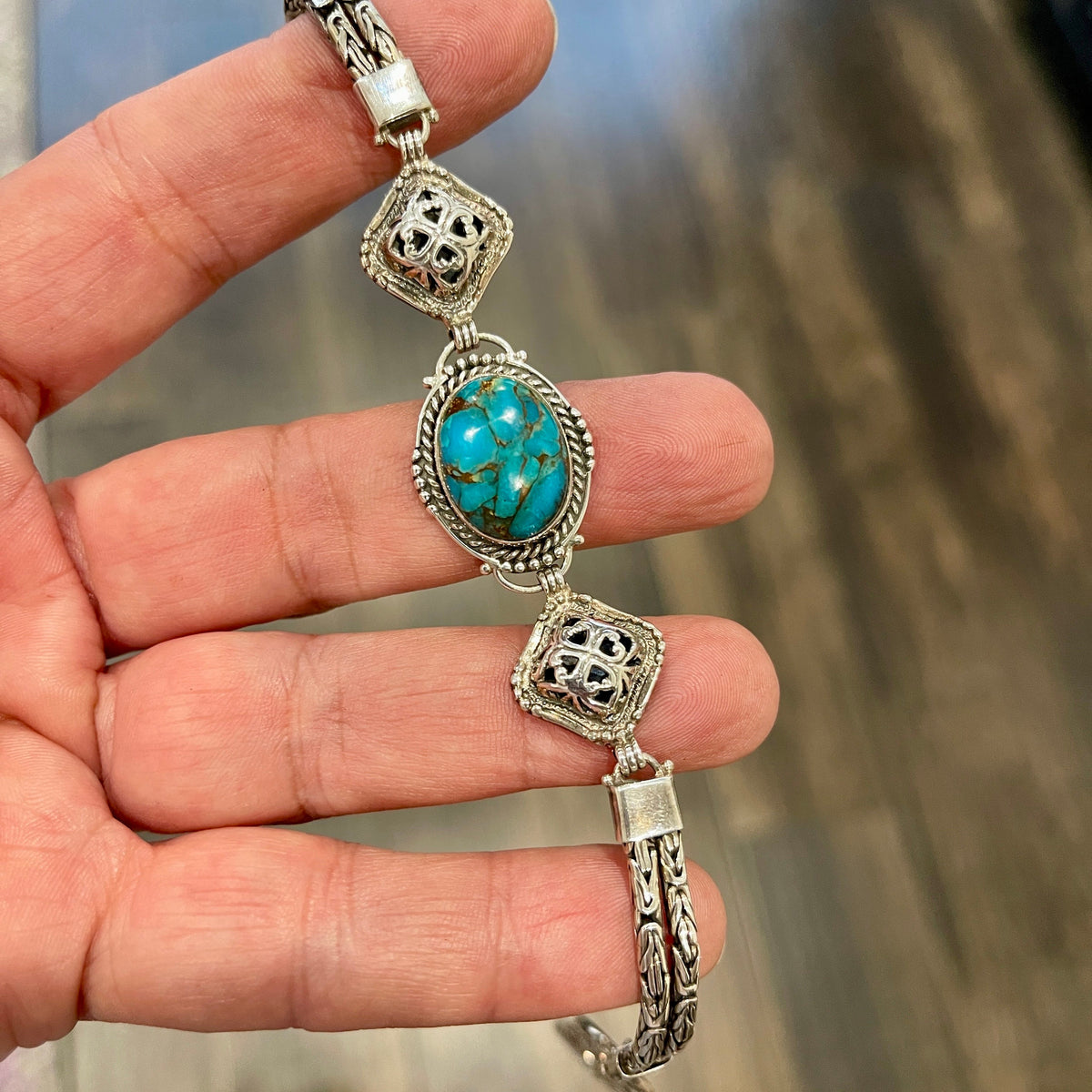 Sterling Silver Blue Bronze Turquoise Bracelet with Toggle Clasp