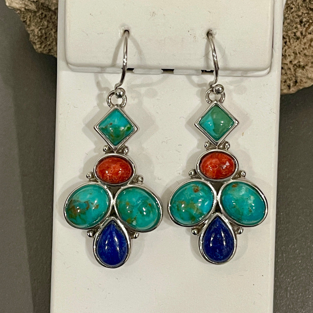 Sterling Silver Turquoise, Blue Lapis and Carnelian Stones Dangle Earrings