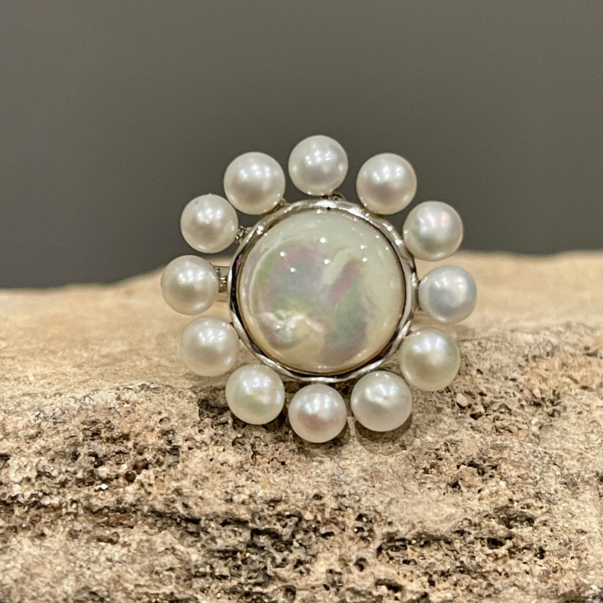 Sterling Silver Pearl Halo Style Ring Size 6
