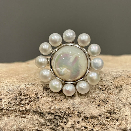Sterling Silver Pearl Halo Style Ring Size 6
