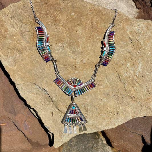 Vintage Zuni Multi Colored Turquoise Petit Point Sterling Silver Necklace By Helen Harrison