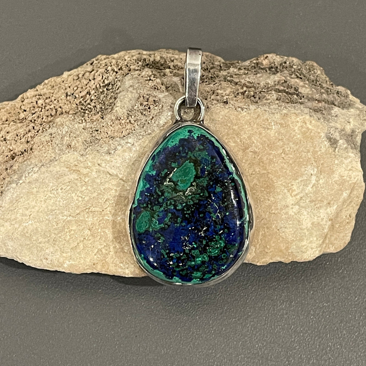 Vintage Sterling Silver Azurite Pendant, Hand Carved Dolphin Scene
