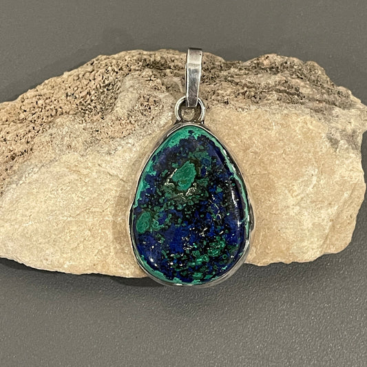 Vintage Sterling Silver Azurite Pendant, Hand Carved Dolphin Scene