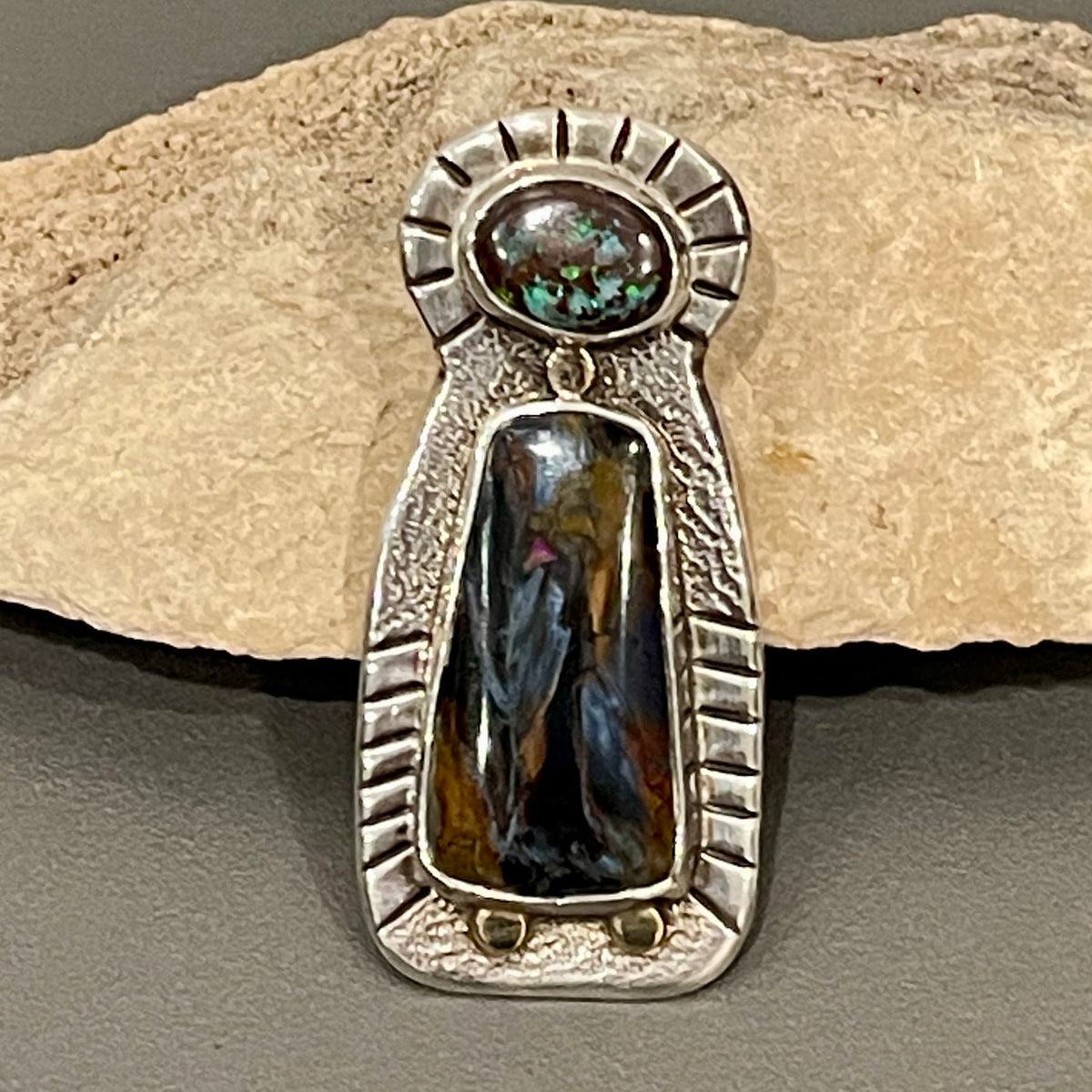 Sterling Silver Boulder Opal & Pietersite Pendant Pin, Handmade Designer Jewelry