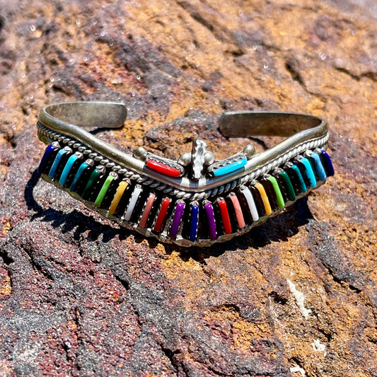 Vintage Zuni Multi Colored Turquoise Stone Petit Point Sterling Silver Bracelet Cuff By Helen Harrison