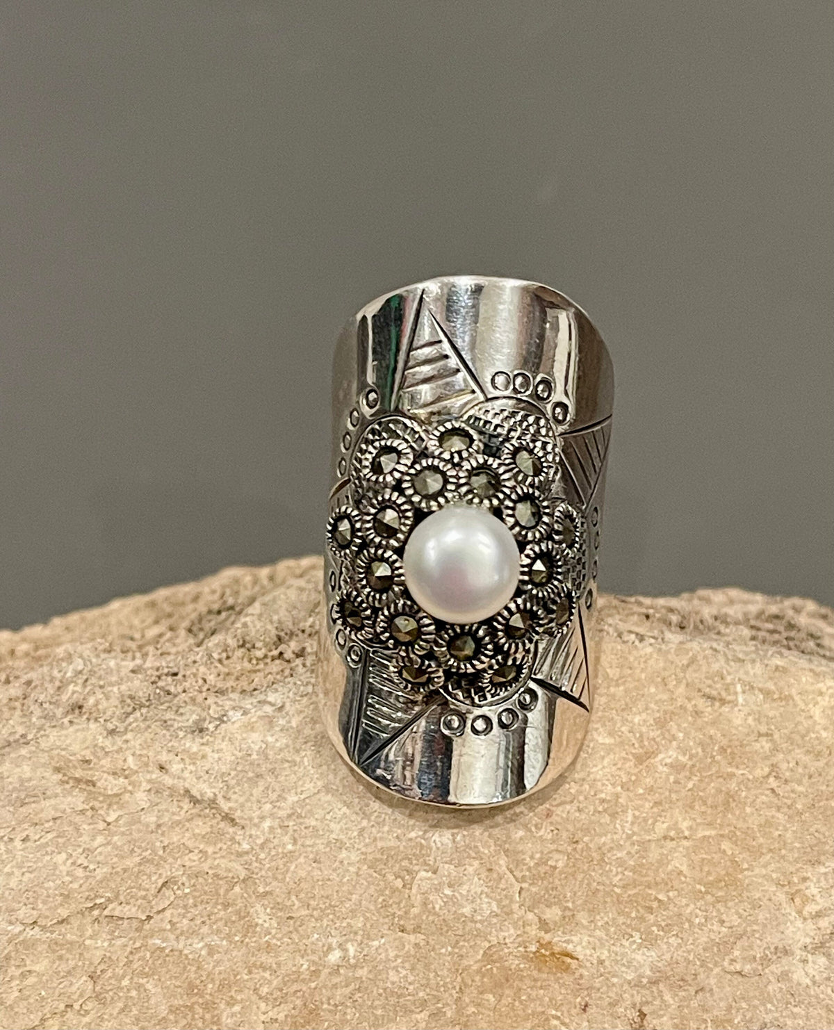 Sterling Silver Wide Ring with Pearl and Marcasite