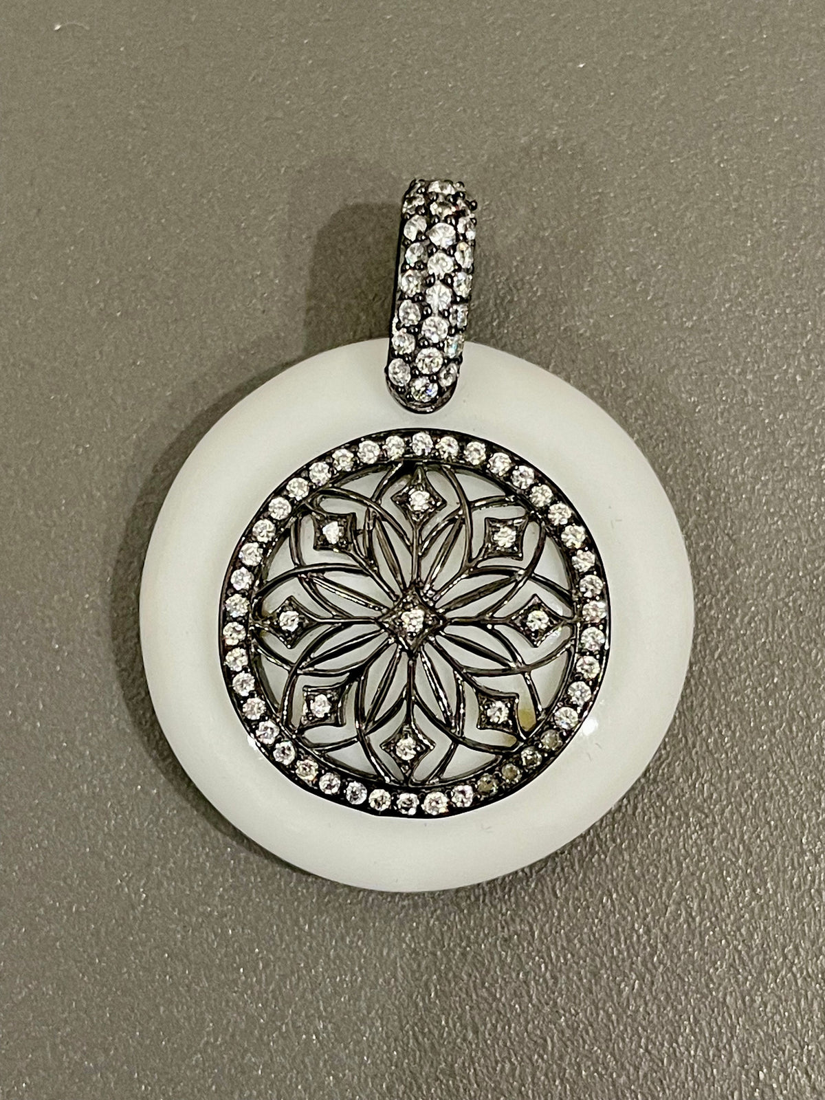 Sterling Silver White Onyx and Cubic Zirconia Pendant with Black Rhodium Finish