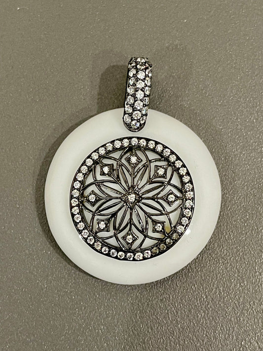 Sterling Silver White Onyx and Cubic Zirconia Pendant with Black Rhodium Finish