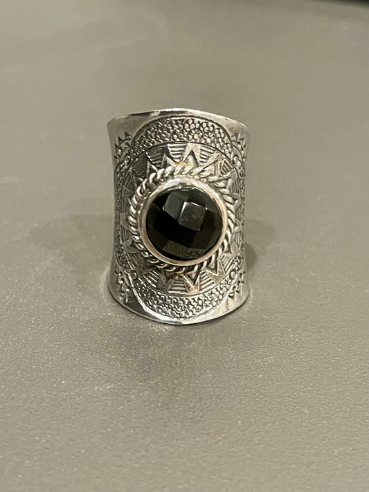 Sterling Silver Black Onyx Wide Statement Ring Size 6.75