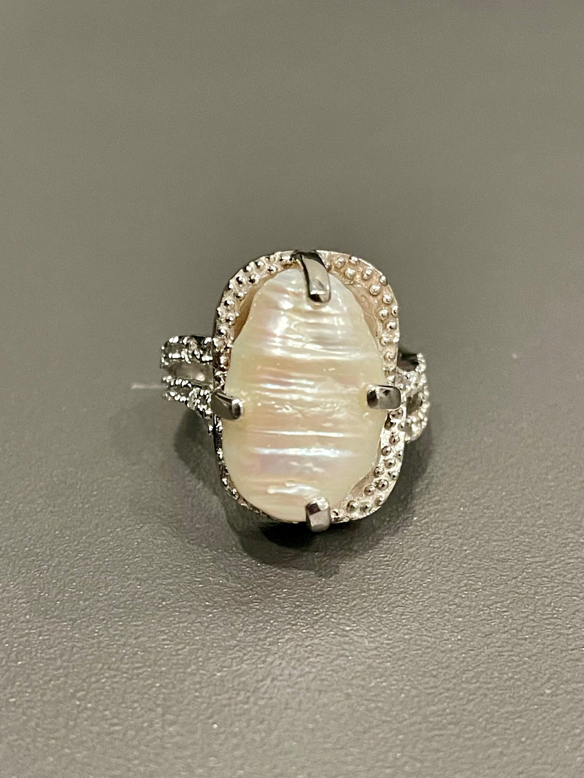 Sterling Silver Freshwater Pearl Ring with Cubic Zirconias Size 7