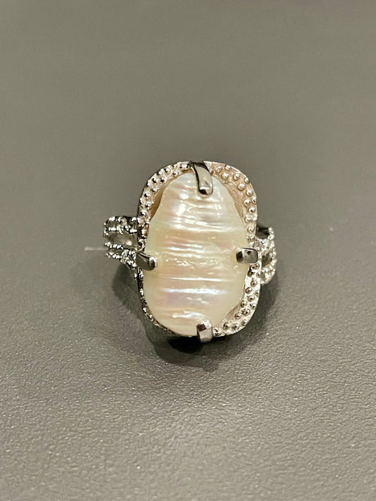 Sterling Silver Freshwater Pearl Ring with Cubic Zirconias Size 7