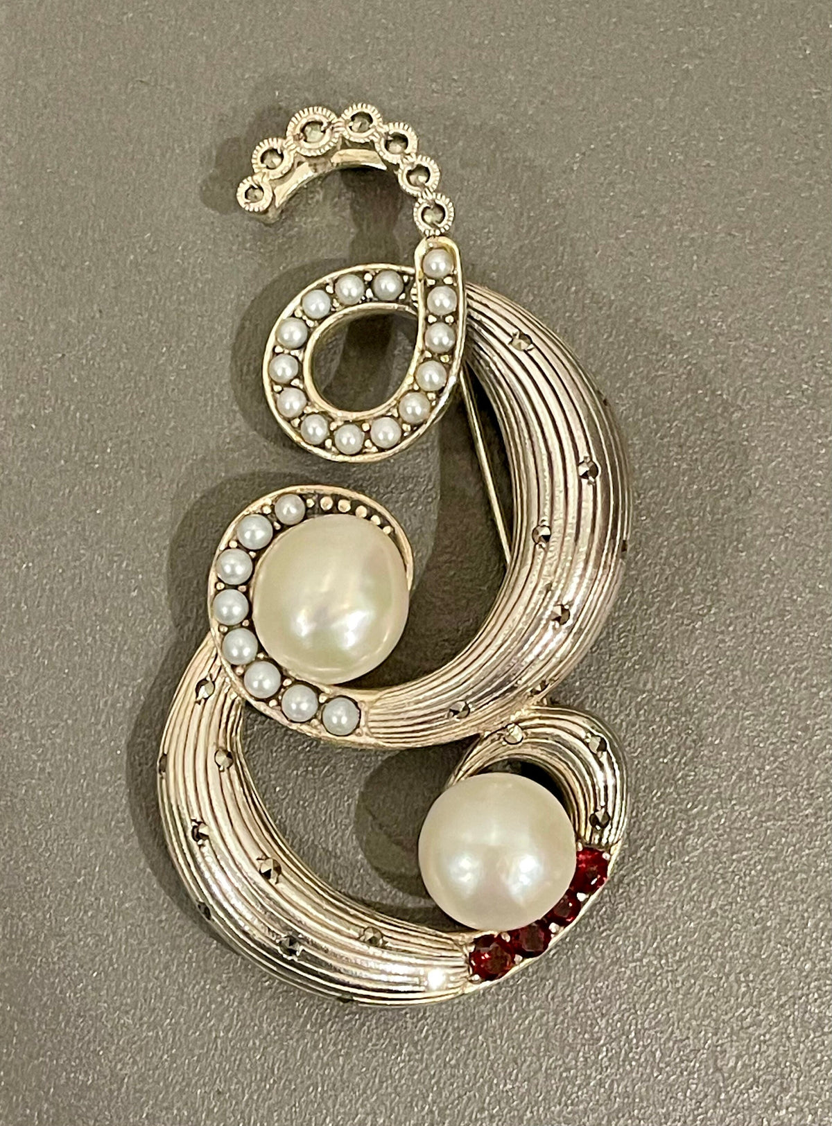 Sterling Silver Pearl, Garnet and Marcasite Brooch/Pendant