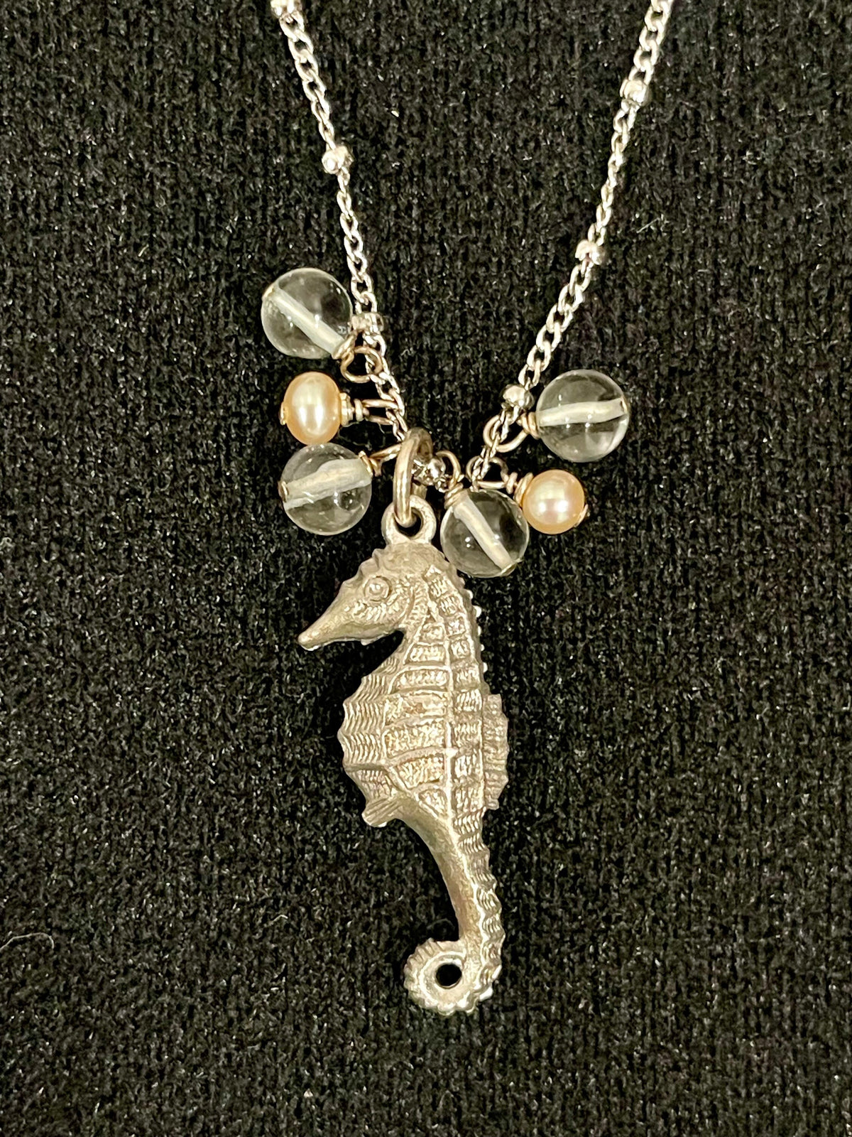 Sterling Silver Seahorse Pendant Necklace, Aquamarine & Pearl Beaded Chain