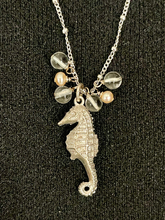 Sterling Silver Seahorse Pendant Necklace, Aquamarine & Pearl Beaded Chain