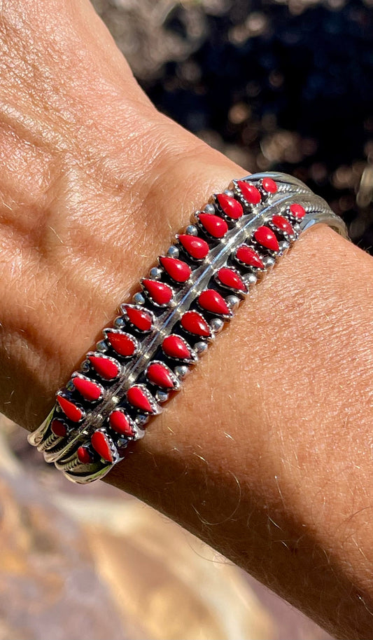 Vintage Sterling Silver Red Coral Bracelet Cuff