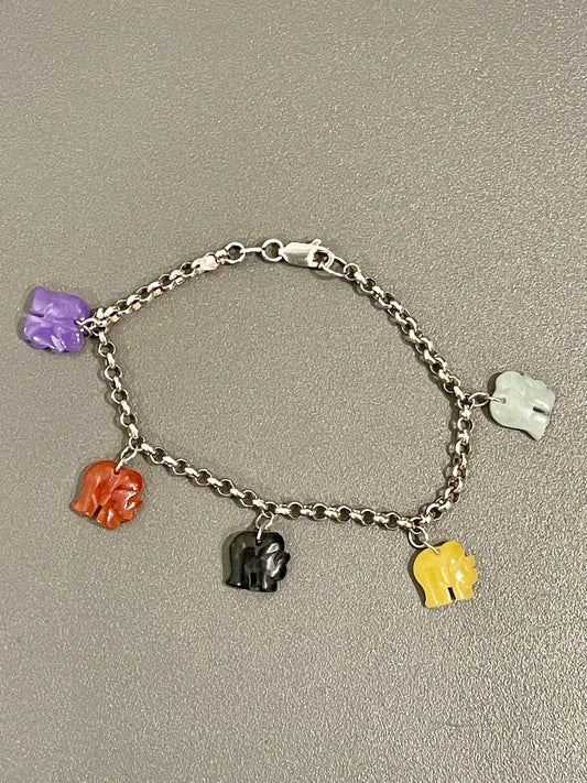 Sterling Silver Genuine Jade Elephant Charm Bracelet 7.25"