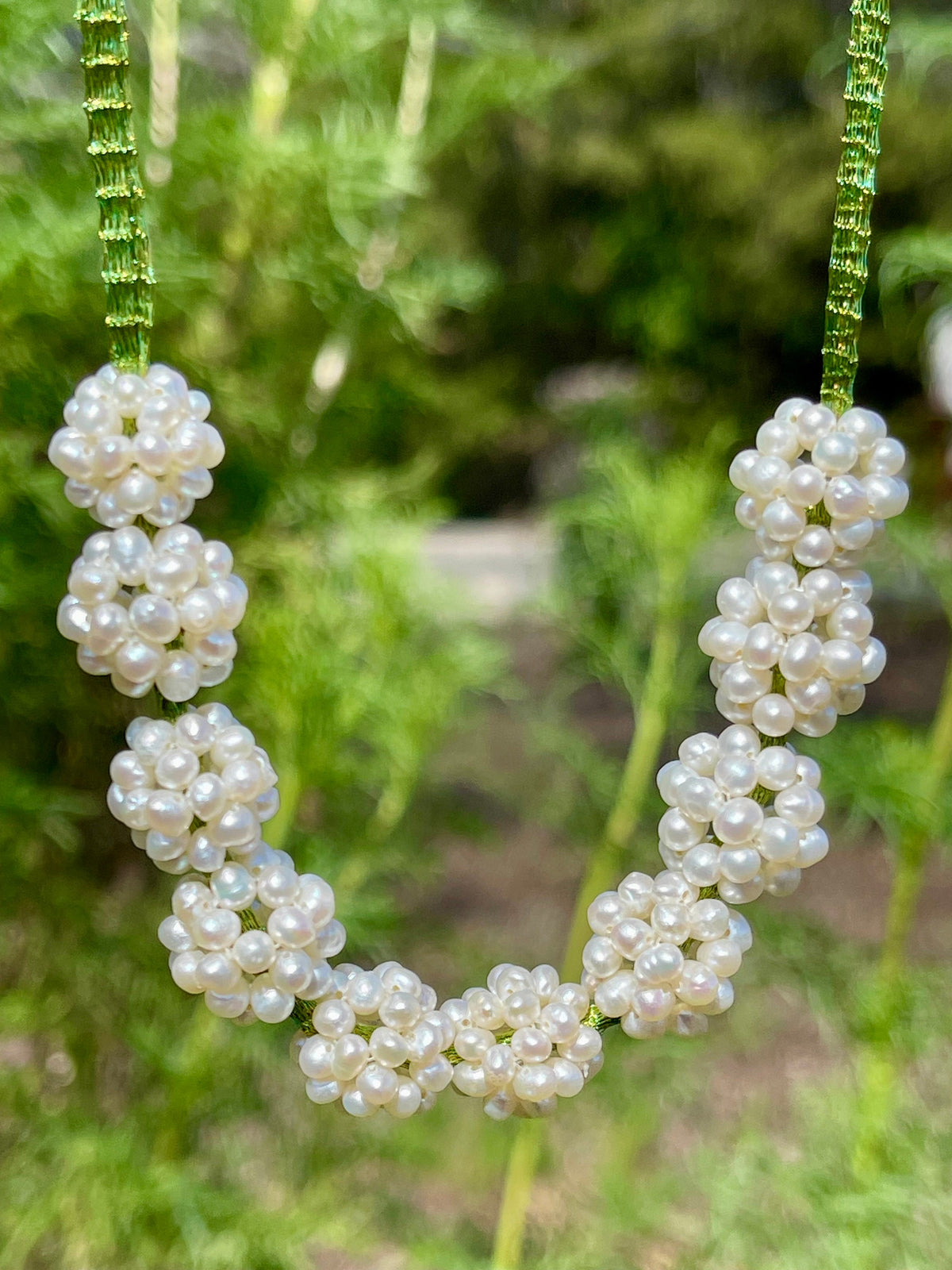 Pearl Cluster Necklace: Green Silk, Sterling Silver Clasp