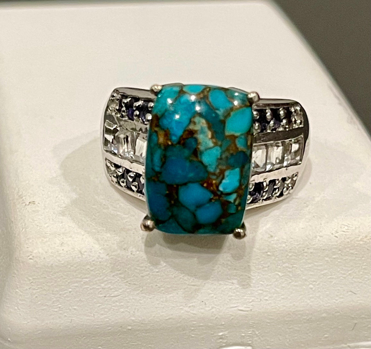 Sterling Silver Turquoise, Cubic Zirconia and Iolite Ring Size 6.5