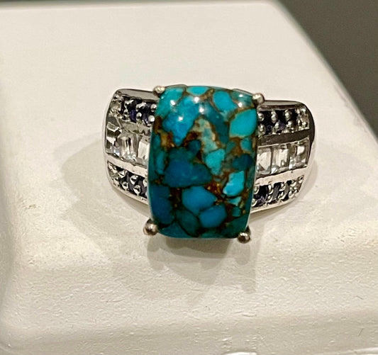 Sterling Silver Turquoise, Cubic Zirconia and Iolite Ring Size 6.5