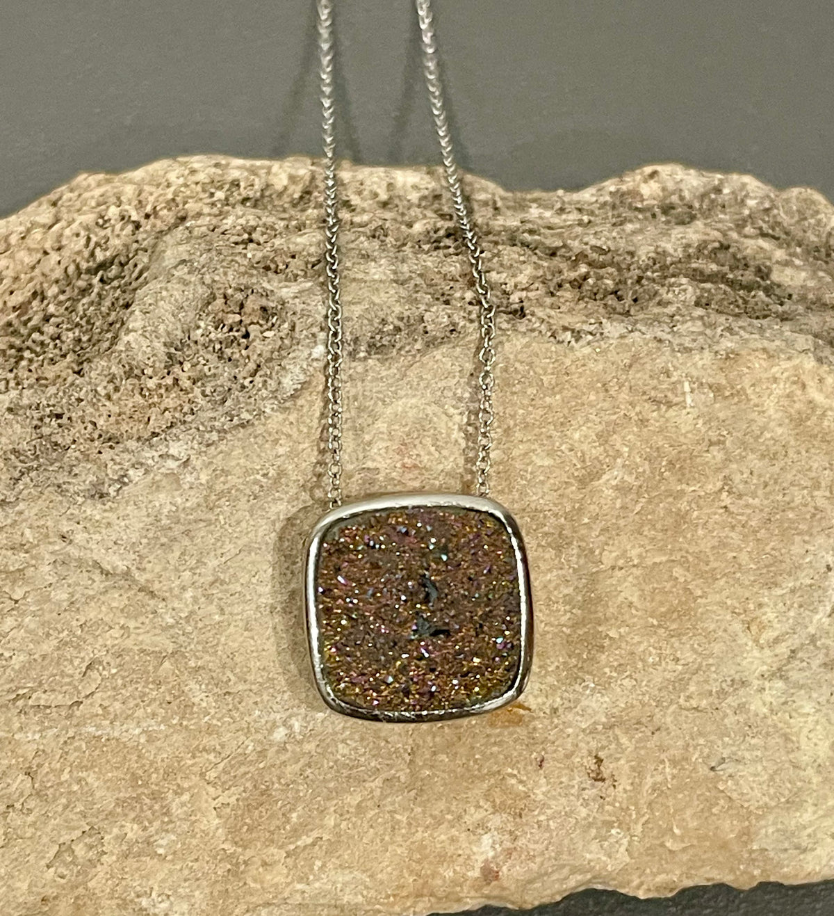 Sterling Silver Rainbow Druzy Crystal Pendant Necklace