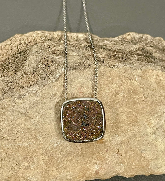 Sterling Silver Rainbow Druzy Crystal Pendant Necklace