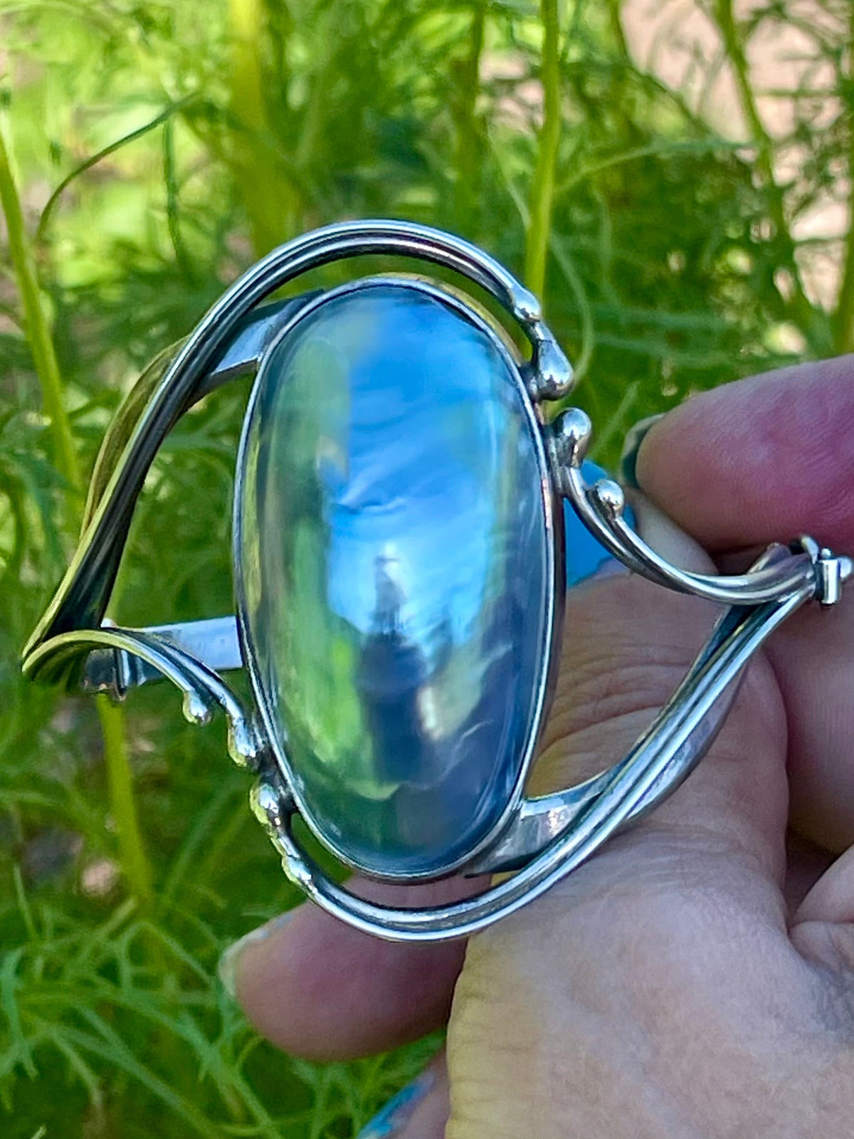 Vintage Sterling Silver Blue Pearl Bangle Bracelet