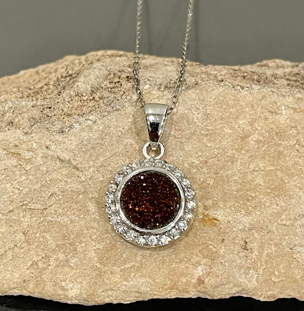 Sterling Silver Orangey Brown Druzy Crystal and Cubic Zirconia Pendant
