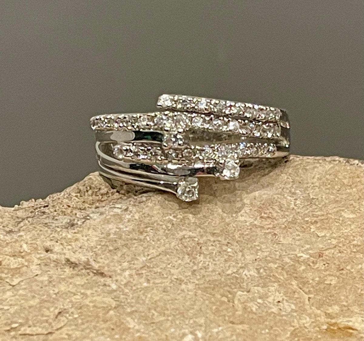 Sterling Silver Fancy Statement Ring with Cubic Zirconias Size 8
