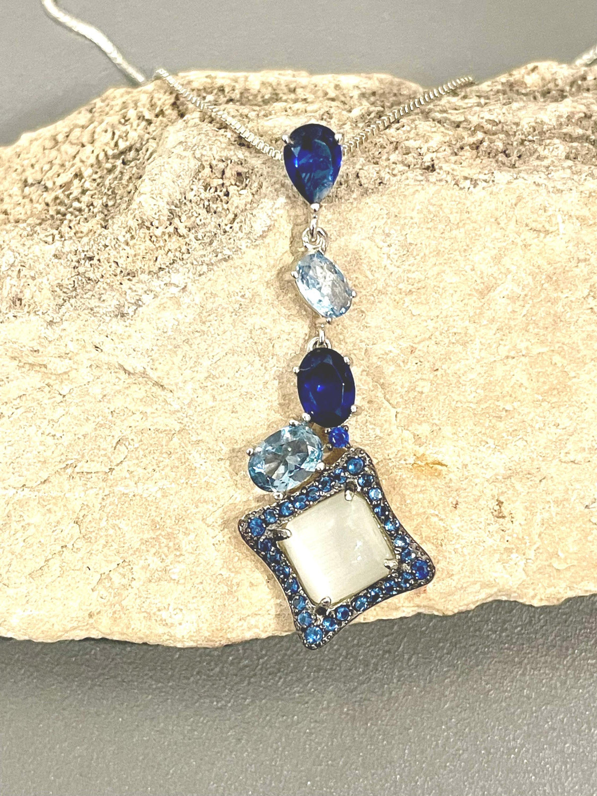 Multi Stone Sterling Silver Pendant, Gray Quartz, Blue Topaz, Sapphire