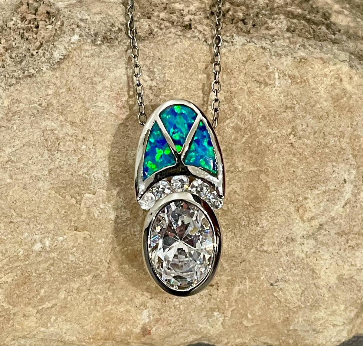 Sterling Silver Opal Pendant with Cubic Zirconia, 18" Chain