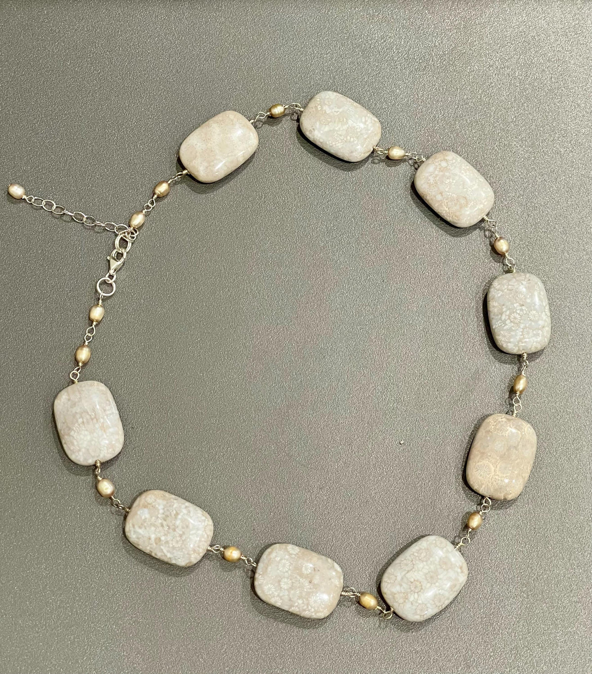 Sterling Silver Creamy Beige Genuine Agate and Genuine Pearl Necklace