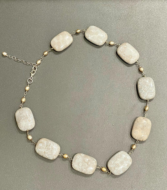 Sterling Silver Creamy Beige Genuine Agate and Genuine Pearl Necklace