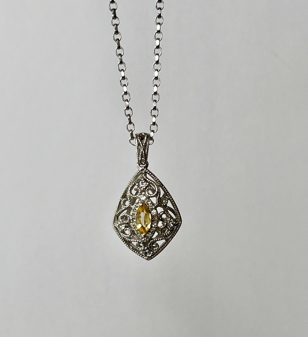 Sterling Silver Filigree Yellow Topaz Pendant Necklace
