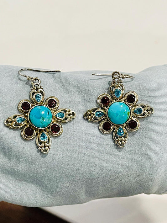 Sterling Silver Turquoise, Garnet and Blue Topaz Dangle and Drop Earrings