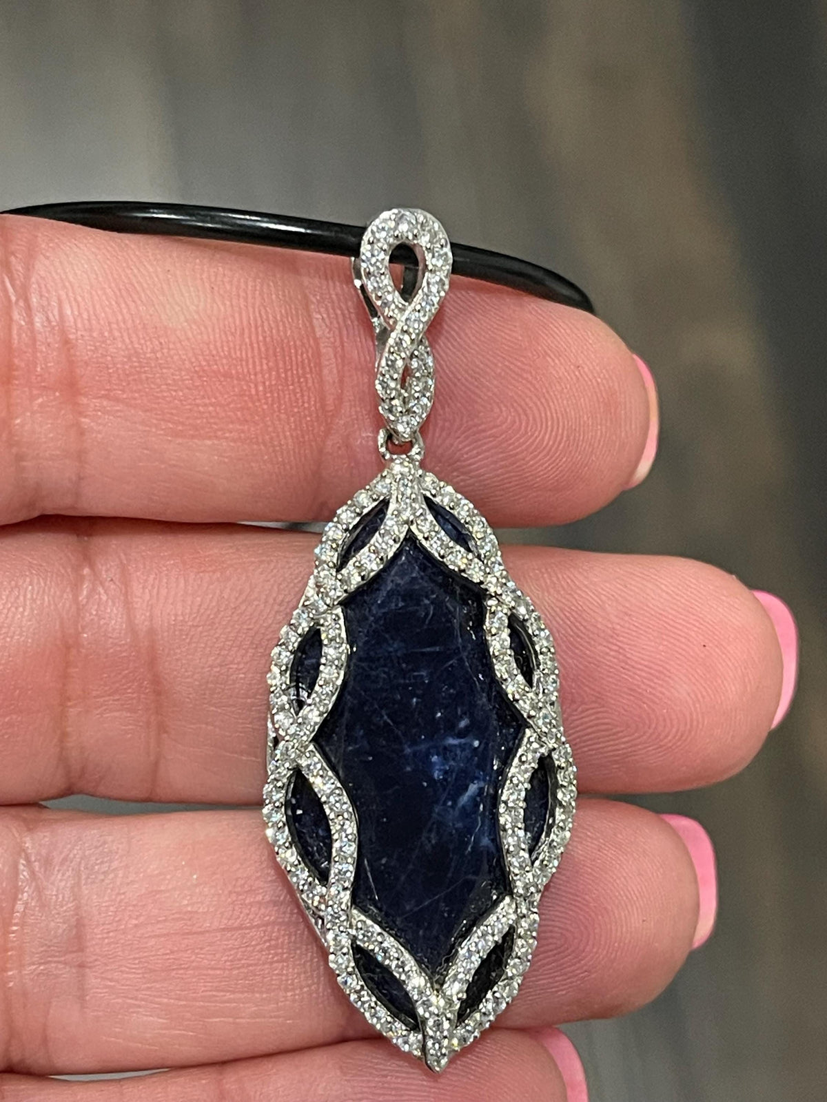 Sterling Silver Blue Chalcedony and Cubic Zirconia Pendant with Black Cord