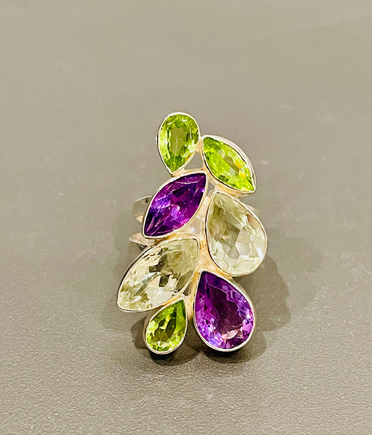 Sterling Silver Multi Stone Ring: Amethyst, Green Amethyst & Peridot, Size 7.75