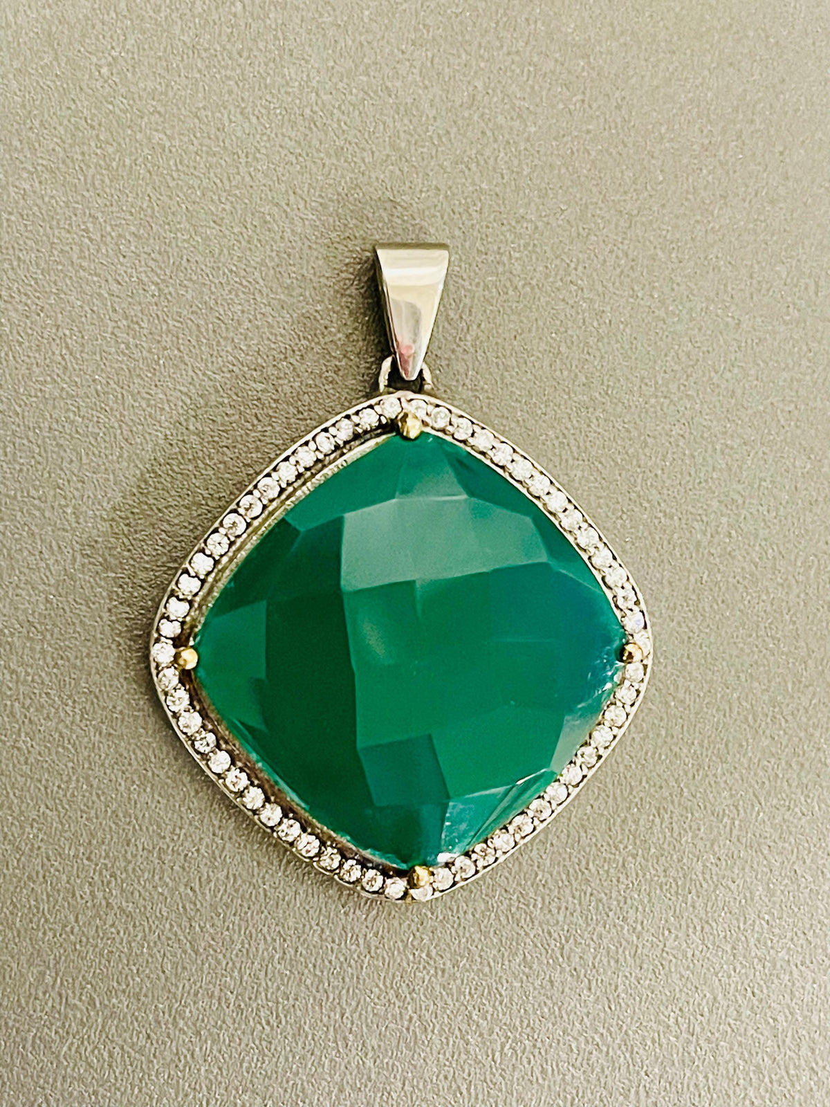 Sterling Silver Green Onyx and Cubic Zirconia Pendant