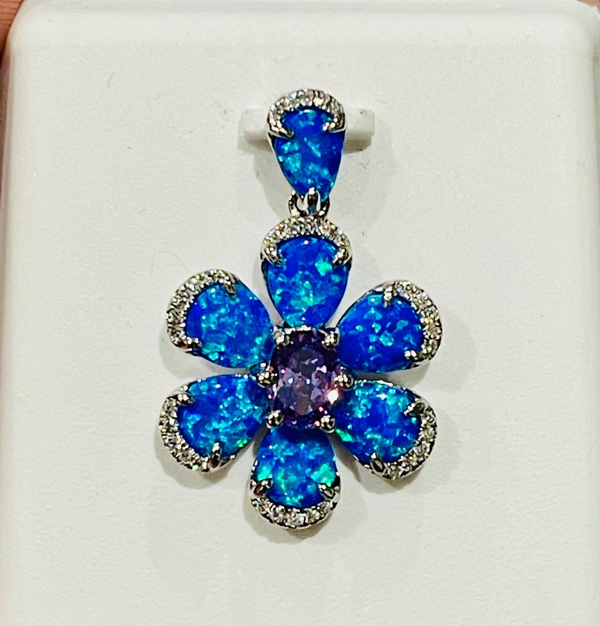Sterling Silver Opal, Amethyst and Cubic Zirconia Flower Pendant in Vibrant Colors
