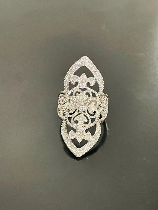 Sterling Silver Wide Vintage Style Cubic Zirconia Ring Size 7.5