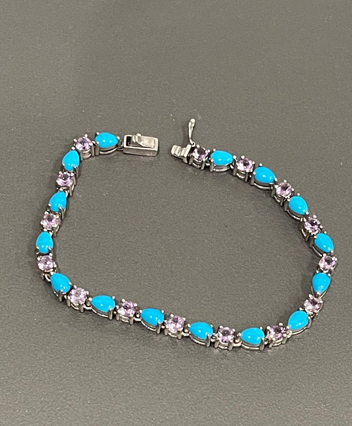 Sterling Silver Genuine Turquoise and Amethyst Link Style Bracelet in 7.5” Length