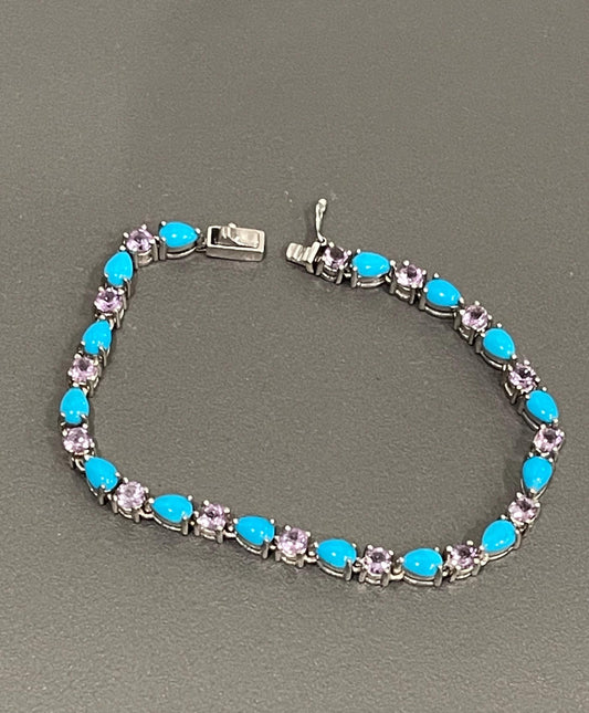 Sterling Silver Genuine Turquoise and Amethyst Link Style Bracelet in 7.5” Length
