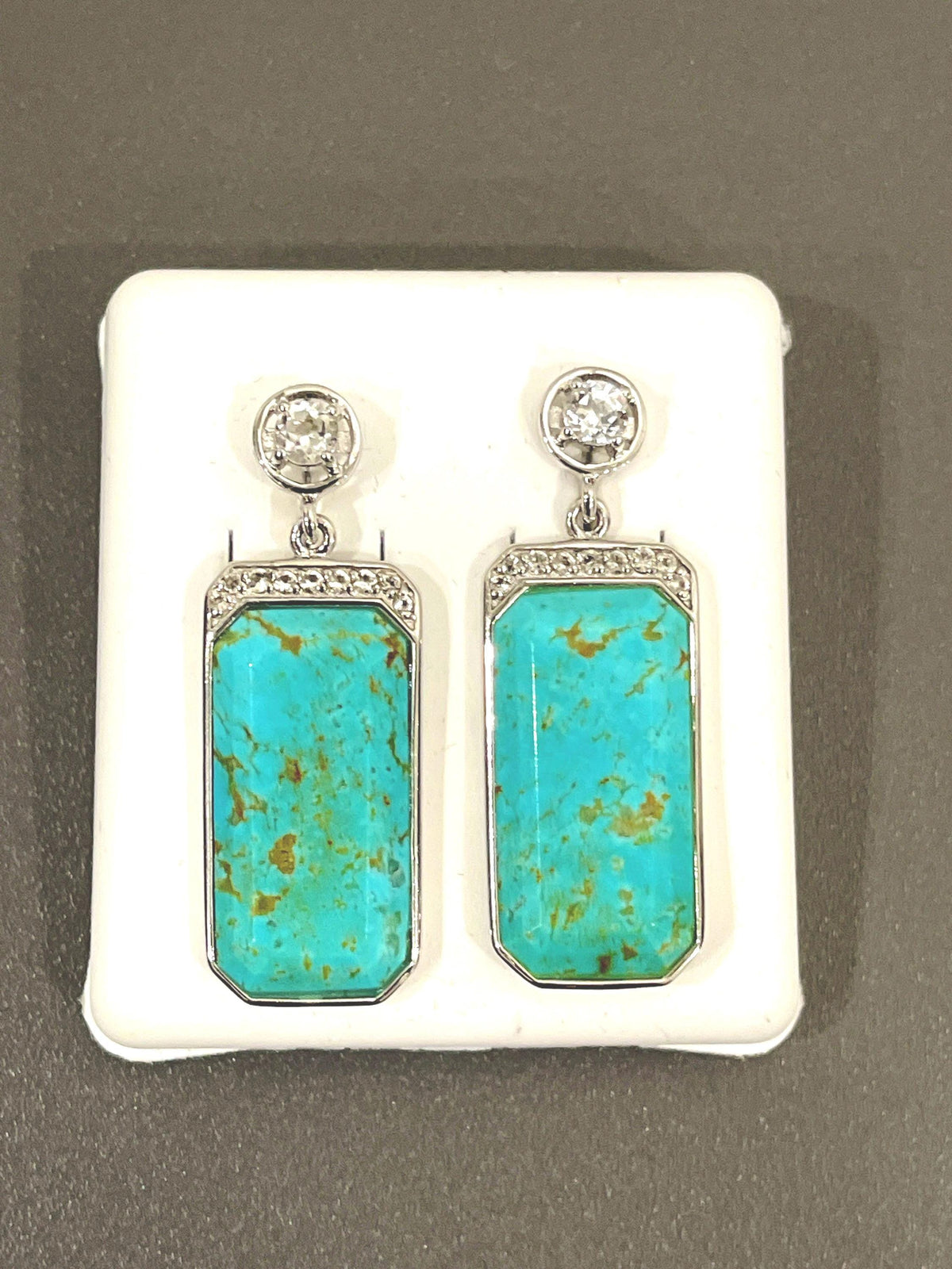 Sterling Silver Blue-Green Turquoise and Cubic Zirconia Dangle Stud Style Earrings