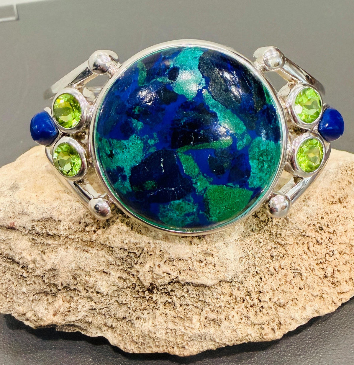 Sterling Silver Azurite, Peridot and Lapis Bracelet Cuff